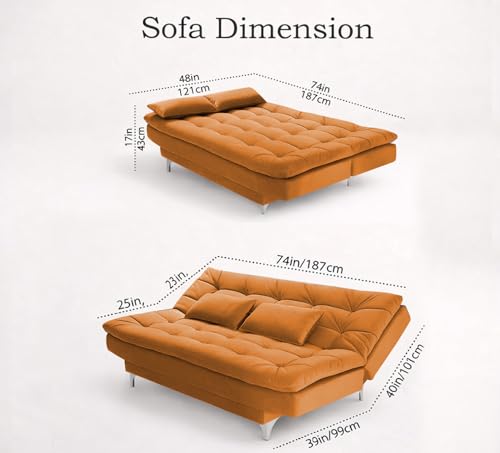 Image of Krancy Solid Wood 3 + 2 Seater Sofa Cum Bed with 2 Cushions | Convertible Wooden Couch for Living Room, Home & Office | Modern Designer Furniture | 3 Years Warranty | Orange