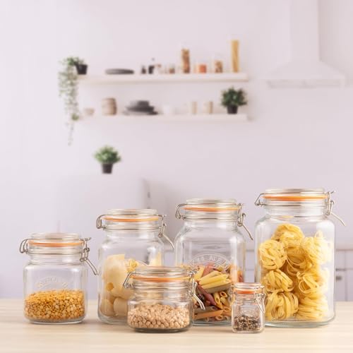 Kilner Square Clip Top Jar 1L (1000ml) Airtight Glass Jar for Pickling Vegetables Preserving Chutneys Storing Coffee Beans Nuts Pasta Dry Foods