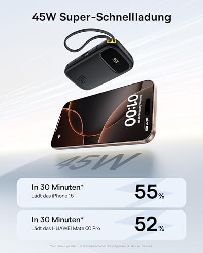 Baseus QPow3 Powerbank 45W 20000mAh mit 2 integriertem USB-C Kabel, Power Bank PD3.0 QC4.0, 3 USB C und 1 USB A, LED Display Schnellladefunktion für iPhone 16/15/14 Pro Max, iPad, Galaxy, Schwarz – Bild 3