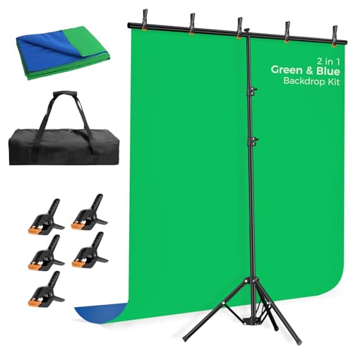 EMART Blue Green Screen Backdrop Kit with Reverse Folding Base, 5x6.5ft Portable T-Shape Backdrop Stand with 2-Sided Reversible Background for Photography, Zoom, Streaming and Studio Video Recording