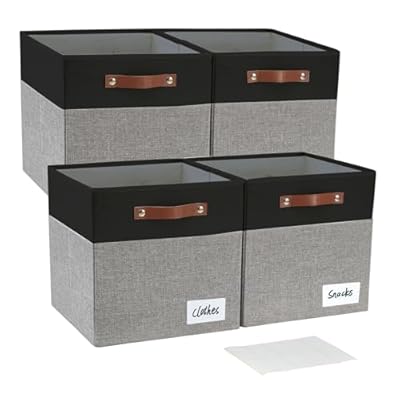 Bagnizer Collapsible Fabric Storage Cube Bins with 2 Reinforced PU Handles, Foldable Storage Organizer Baskets for Closet, Shelves, Living Room | 13"x13"x13", 4 Pack, Black & Gray