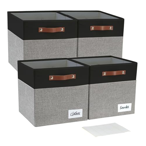 Image of Bagnizer Collapsible Fabric Storage Cube Bins with 2 Reinforced PU Handles, Foldable Storage Organizer Baskets for Closet, Shelves, Living Room | 13 inchx13 inchx13 inch, 4 Pack, Black & Gray