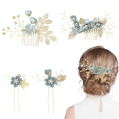 QEDBOJE Set di 4 Fermagli Capelli Sposa, Accessori Capelli Sposa con Strass Verdi, Fermagli con Fiori per Donne, Accessori per Capelli da Cerimonia, Decorazioni Capelli Sposa