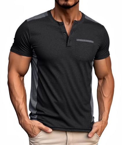 ZITY Men's Casual Shirts Short Sleeve Henley Shirt for Men with Pocket Black XL