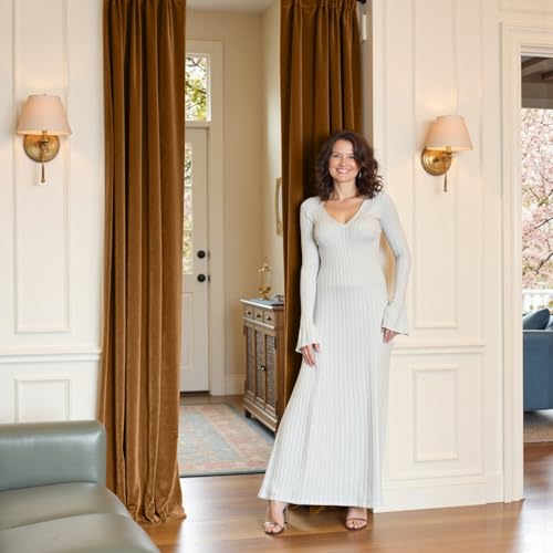 Image of Extra Long Golden Brown Velvet Curtains 52x108 Inch 2 Panels | Soft Velvet, For Tall Windows & High Ceilings, Light Shifting Texture, Elegant Luxury Drape, Rich, Rod Pocket