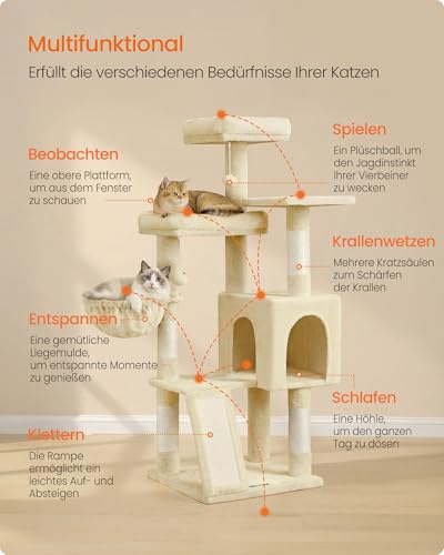 Feandrea Kratzbaum, 136 cm hoch, Katzenbaum, mehrstöckiges Katzenhaus, mit 4 Kratzsäulen, 3 Plattformen, Liegemulden, Höhle, beige PCT012LF01 – Bild 4