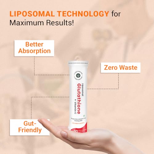 Image of CUREFOREVER Glutathione Tablets with Vitamin C | Liposomal Glutathione 500mg Effervescent Supplement | Antioxidant Support for Skin Glow, Radiance & Detox | 20 Tablets