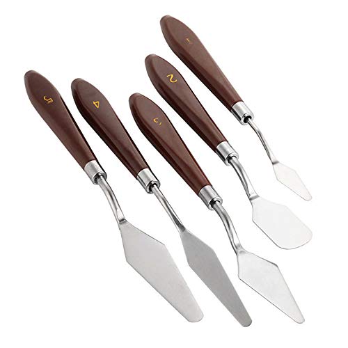 Zasiene Couteau à Palette 5 Pièces Spatule Peinture Manche en Bois Couteau Peinture Peinture Mixage Grattoir Couteaux à Palette pour Les Outils de Peinture de Couleur Artistique