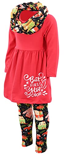 Image of Unique Baby Girls Kids Toddler 3pc Outfit Set Long Sleeve Cotton Blend Tunic Top Leggings and Scarf
