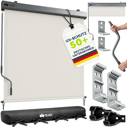 tillvex® Senkrechtmarkise 180 x 250 cm für Außen- und Innenbereich | Außenrollo wasserfest mit Handkurbel für Balkon, Terrasse & Garten | Balkonrollo Sonnenschutz aus Aluminium | Rollo Sichtschutz