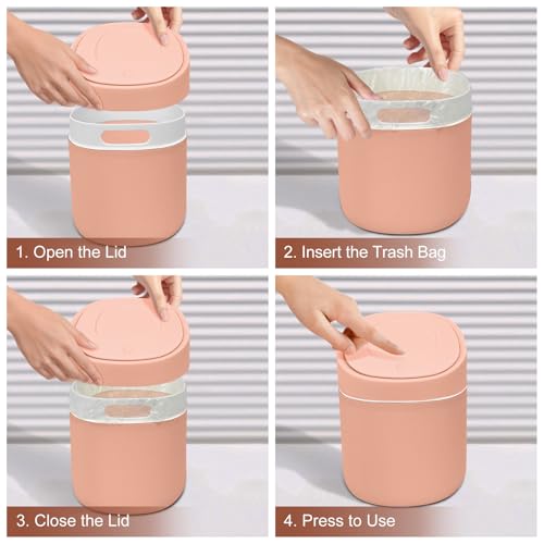 Image of Soddeph Plastic Mini Trash Can with Lid,Small Desktop Waste Bin for Bathroom, Office, or Kitchen,Pop-Up Countertop Wastebasket for Counter, Vanity, or Coffee Table (Pink)