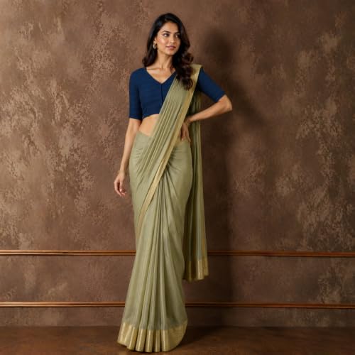 Image of Studio Shringaar Women Cotton Half Sleeve Madras Checks Saree Blouse with Stretchable Sides