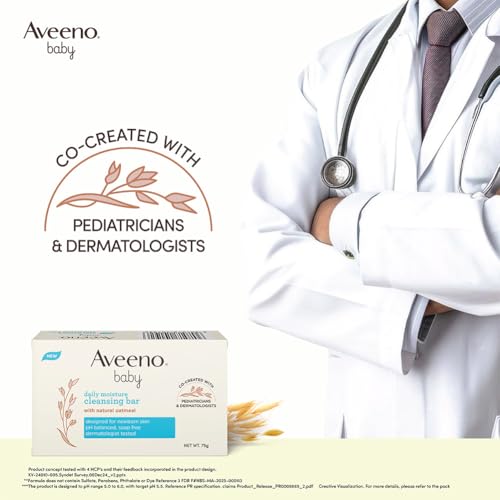 Image of Aveeno Baby Daily Moisture Cleansing Bar 75g (Pack of 2) | With natural Oatmeal, Glycerin and Shea Butter | Co-created with Pediatricians and Dermatologists for newborn sensitive skin | pH balanced, free of soap, parabens sulfates and phthalates