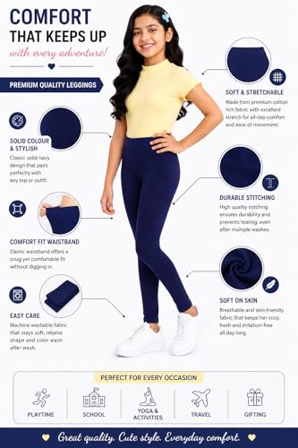 Image of BODYCARE Girls Cotton Stretch Leggings, Elastic Waist Ankle Length Leggings for Kids, Soft