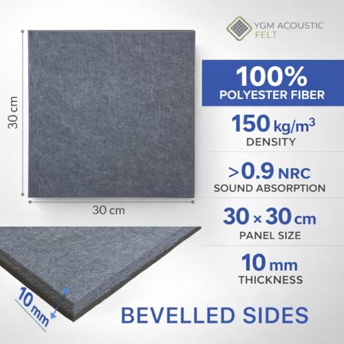 Image of YGM Acoustic Foams Luxury PET Felt Acoustic Self Adhesive Panels, 10 MM Thick, Sound Absorbing Panels for Wall | Room Noise Reducer & Sound Dampening (Midnight Grey, 1x1 Foot - 16 Panels)