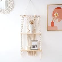 2-Tier Macrame Wall Hanging Shelf, Boho Wooden Floating Shelves Woven Macrame Rustic Wall Mounted Storage Racks for Plants, Candles, Photos, Bathroom & Bedroom Decor Beige