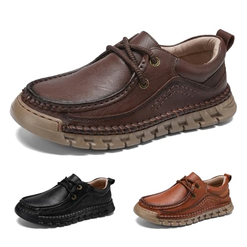 Men's Genuine Leather Lace up Casual Shoes Comfort Round Toe Lug Sole Handmade Loafers Outdoor Work Non Slip Driving Shoes