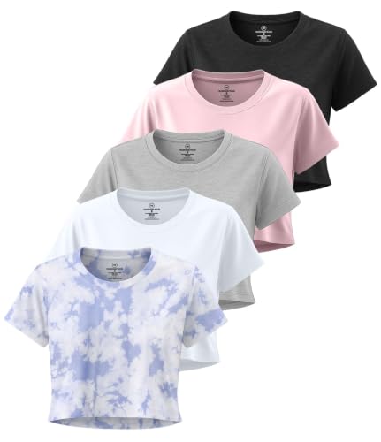 Image of Real Essentials 5 Pack: Women's Dry Fit Crop Top - Short Sleeve Crew Neck Stretch Athletic Tee (Available in Plus Size)