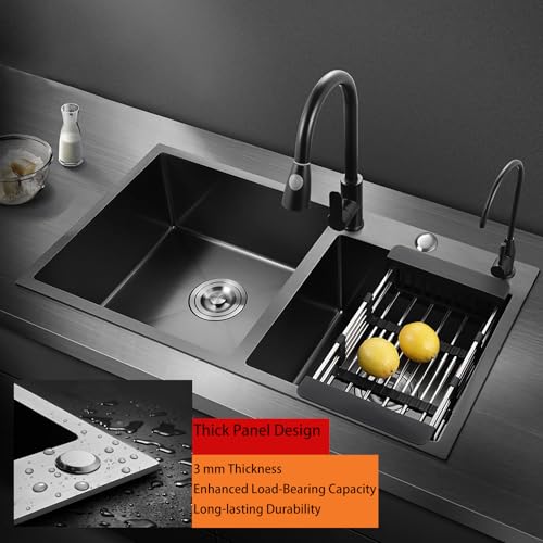 Lavello Cucina 2 Vasche Lavello Da Cucina Nero Lavandino Cucina 2 Vasche Con Gocciolatoio Lavello Multifunzione In Acciaio Inox Con Rubinetto, Set Completo Di Accessori (Black, 72 * 40Cm) - 4
