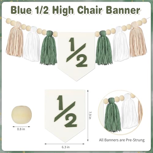 Image of 1 /2 Birthday Boy Half Birthday Decorations - White Green Half Way to One Banner Cake Topper Tassel Wood Bead High Chair Banner Hat for Boys 6 Months Birthday Decorations Party Supplies
