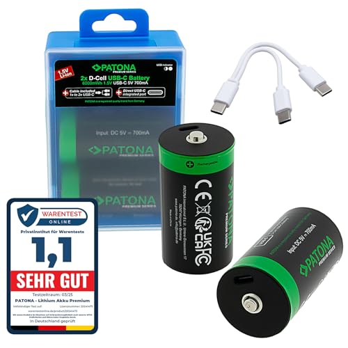 PATONA 4X Premium Batería LR20 Mono D USB-C 6.0Wh 1.5V Battery Recargables, Cable de Carga USB-C 1-a-2, más de 1.000 ciclos de Carga, para cámaras, Controles remotos, linternas y más