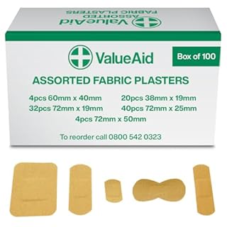 Value Aid Fabric Plasters Assorted - Box of 100 Individually Wrapped Hypoallergenic Plasters, Latex-Free Adhesive - 5 Popular Sizes for First Aid Kit & On-The-Go Use Medical Supplies