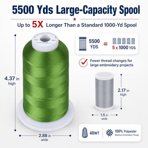 Image of Simthread 5500Yds /5000M 40WT Polyester Embroidery Thread Ivy Green S03 | High-yardage 5000M spool offers smooth feeding and stable 40WT polyester thread for home and commercial embroidery machines.