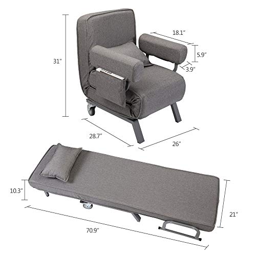 Convertible Sofa Bed Folding Arm Chair Sleeper Leisure Recliner Lounge Couch 6 Positions Adjustable Backrest (Grey)