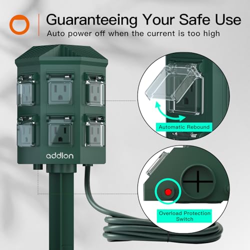 addlon 9FT Heavy Duty Outdoor Power Stake Timer Waterproof, 14AWG 15A-125V-1875W,6 Outlets,100 FT Wireless Remote Control, Perfect for Outdoor Lights, Sprinklers and Christmas Lights,ETL Listed