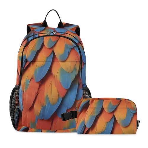 Travel Backpack Lunch Bag Set for Hiking Picnic, Backpacks with Insulated Lunch Box Colorful Feather Print