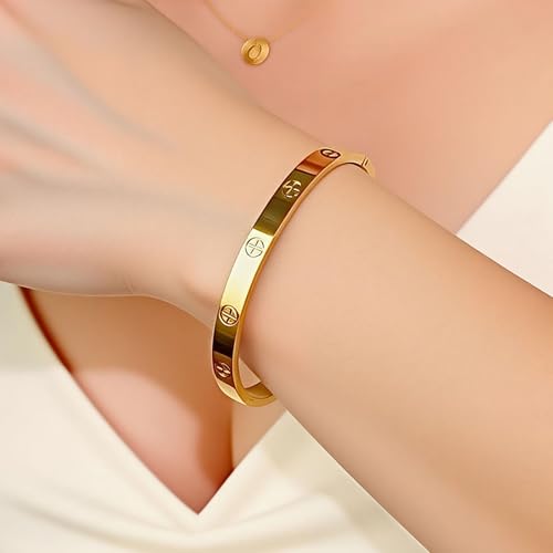 LUCSIS Waterproof 18K Gold PVD Plated Bracelet for Women, Non-Tarnish Stainless Steel Bangle with Engraved Cross Pattern and 5A Cubic Zirconia, Trendy Jewelry Gift for Her (Gold, S/M) by LUCSIS - Used condition - Image 2