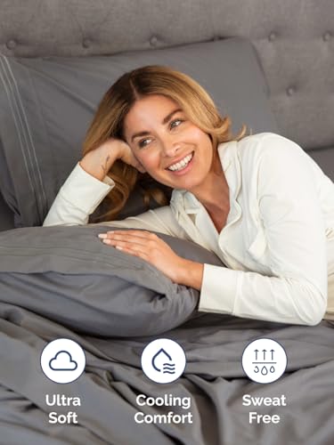 Image of Extra Deep Cal King Fitted Sheet - Single Fitted Sheet Only - Dark Grey | Easily Fits 18 inch to 24 inch Mattress, Soft, Wrinkle Free, Breathable & Comfy, Extra Deep Pockets Hotel Luxury Fitted Sheet