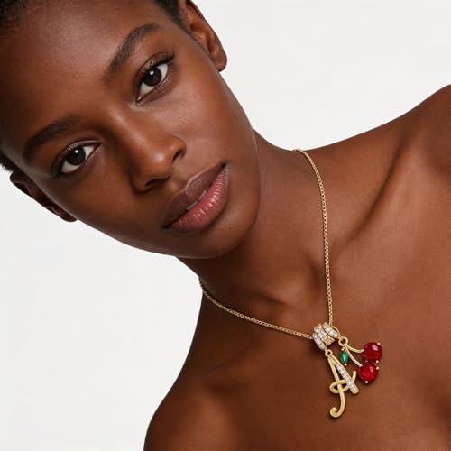 LIU JUN Gold Initial Necklace With Cherry Pendant For Women, 14K Gold-Plated Letter A-Z Cute Fruit Alphabet Round Cubic Zirconia Charm Box Chain Personalized Name Statement Gift Jewelry (Cherry S) by LIU JUN - Used condition - Image 3