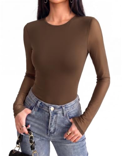 Image of HOTOUCH Women's Mesh Long Sleeve Top Crewneck T-Shirt Sexy Sheer Top Brown