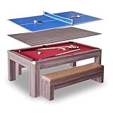 Hathaway Newport 7 Foot Dining Pool Table Combo with Game Accessories, & 2 Benches – Multifunctional Billiards Table with Ping Pong & Dining Top – Light Oak Finish, Chrome Accents, Red Felt