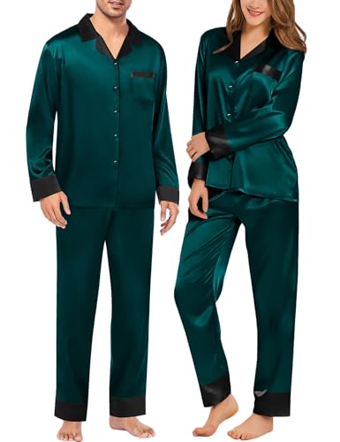 SWOMOG Couples Satin Pajama Set Women & Men Long Sleeve Sleepwear Button Down Loungewear Silky Pj Set with Long Pants