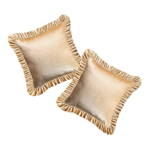 Image of Home - The Best is for You Luxurious Gold Velvet Cushion Covers with Elegant Fringe Lace - Set of 2, 16x16 Inch