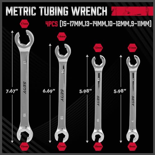 Image of SEDY 4-Piece Flare Nut Wrench Set, Offset End Spanner Metric 9 10 11 12 13 14 15 17mm, CR-V Steel Storage Pouch Repair and Remove Nuts on Fuel Tube Hose Transmission Line