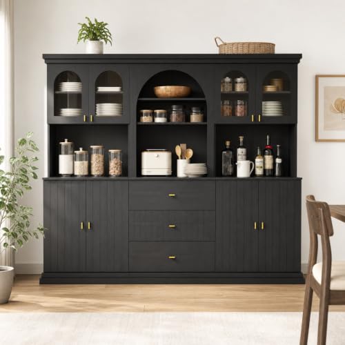 Image of ivaniti 71 inch Arched Kitchen Pantry Cabinet Set of 3, Black Freestanding Storage Hutch Combination with 2 Glass-Door Coffee Bar Cabinets and 1 Three-Drawer Open Shelf Cabinet for Kitchen