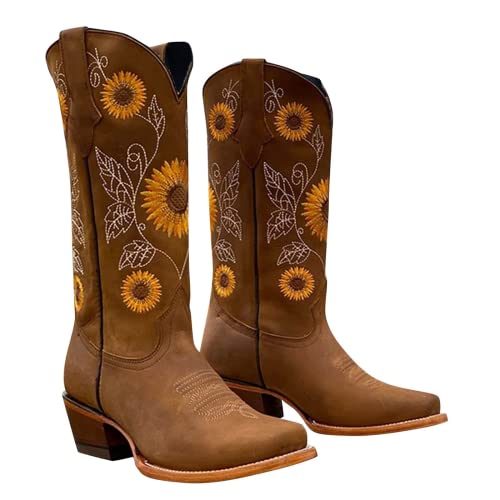 ZGRZPMGR Mid Calf Cowboy Boots for Women Embroidery Sunflowers Print Chunky Heel Booties Pull-on Pointed-Toe Retro Western Boots - Thumbnail 2