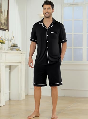 Image of Veseacky Men's Button Down Pajama Set Short Sleeve Shorts Modal Soft Sleepwear Loungewear Pjs with Pockets S-XXL