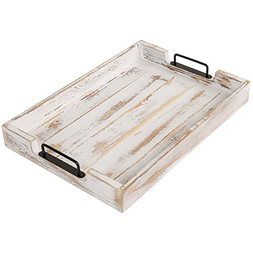 Mygift 20 X 14 Inch Whitewashed Wood Serving Tray, Farmhouse Rectangular Breakfast Tray, Decorative Ottoman Coffee Table Tray With Modern Black Metal Handles #TOP6