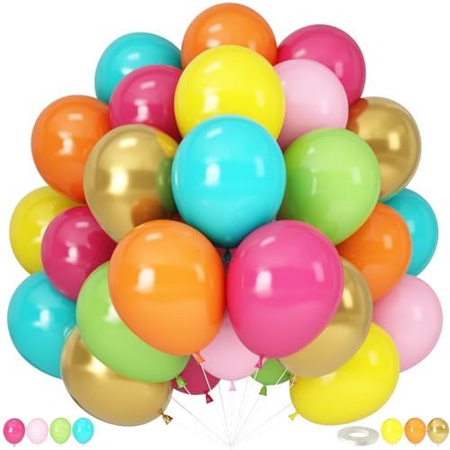 Image of Tropical Balloons, 12 Inch Hawaiian Balloons Teal Hot Pink Orange Yellow | Metallic Gold Balloons for Luau Aloha Hawaiian Beach Summer Birthday Pool Baby Shower Party Decorations