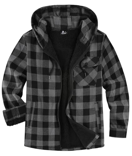 V VALANCH Men's Sherpa Lined Flannel Jacket with Hood – Zip Up Plaid Shirt Jacket Winter Outdoor Warm Outerwear Fleece Coat