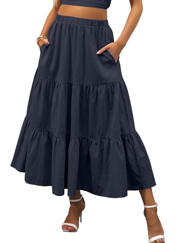 ANRABESS Women’s Summer Boho Flowy Swing Tiered A-Line Maxi Skirt 2026 Fashion Trendy Elastic Waist Pleated Long Beach Dress