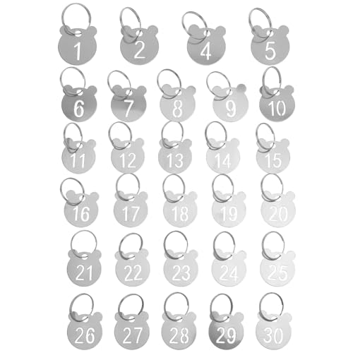 DEARMAMY Etiquetas Numeradas para Llaves de Acero Inoxidable con Diseño Hueco de Oso 30 Piezas 1-30 Llaveros Metálicos Resistentes con Anillas para Organización Taquillas Oficinas y
