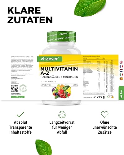 Multivitamin A-Z - 365 Tabletten (12 Monate) - 32 aktive Inhaltsstoffe - Kombination aus Mineralien + Aminosäuren + Spurenelementen + Pflanzenextrakten - Vegan - Hochdosiert – Bild 8