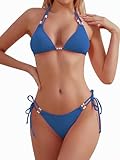 TASHEHE Women's Triangle String Bikini Set Sexy Tie Side Two Piece Swimsuit Cute Halter Bathing Suit - Cobalt Blue - Small