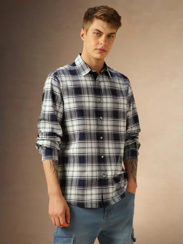 Image of Dennis Lingo Men Blue Checks Cotton Regular Fit Full Sleeve Shirts