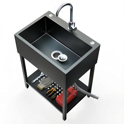 Freestanding Black Utility Sink for Garage, Heavy-Duty Stainless Steel Work...